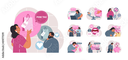 Pink tax concept set. Gender based price discrimination. Higher price