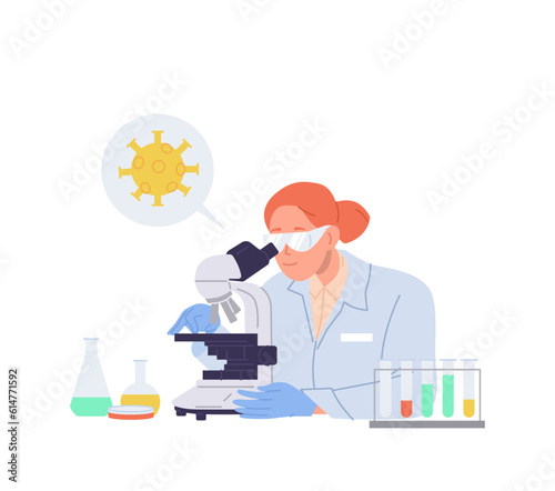 Young woman scientist studying virus working on vaccine looking through laboratory microscope