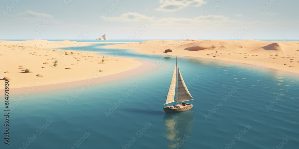 Obraz premium Aerial view illustration of beautiful sea and beach landscape and sailboat.summer or holiday background.generative ai art