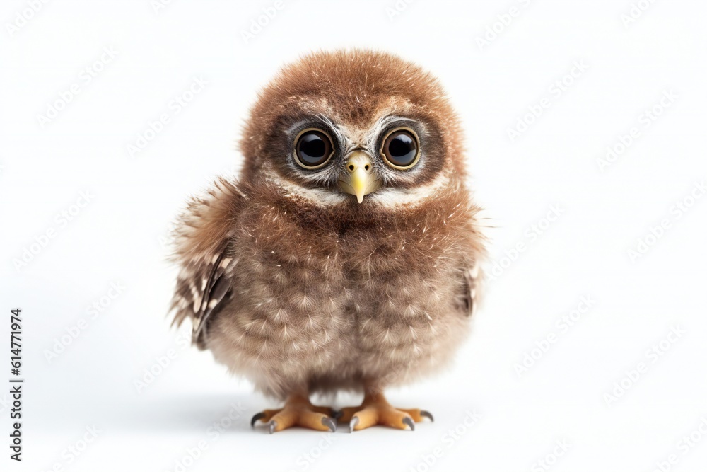 Obraz premium Cute micro baby owl on white background Generative AI