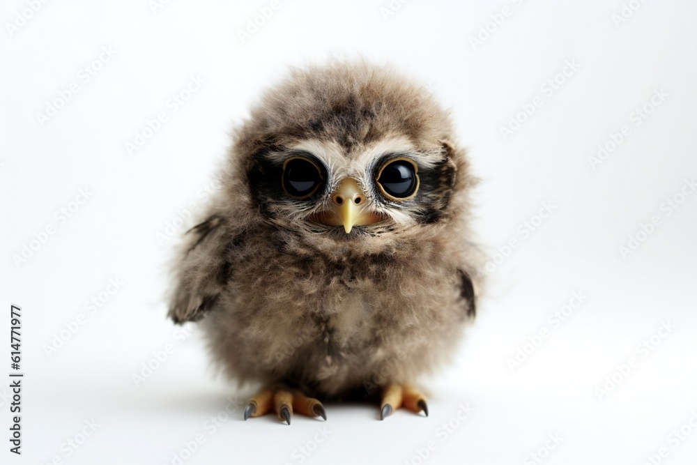 Fototapeta premium Cute micro baby owl on white background Generative AI