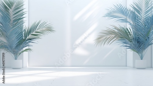 Light blue wall with shade and plant on the floor in a vase