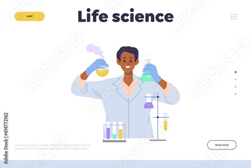 Life science landing page design template with happy young researcher holding chemical flask