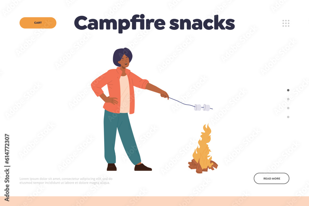 Campfire snacks landing page design template with young woman character frying screwed marshmallow