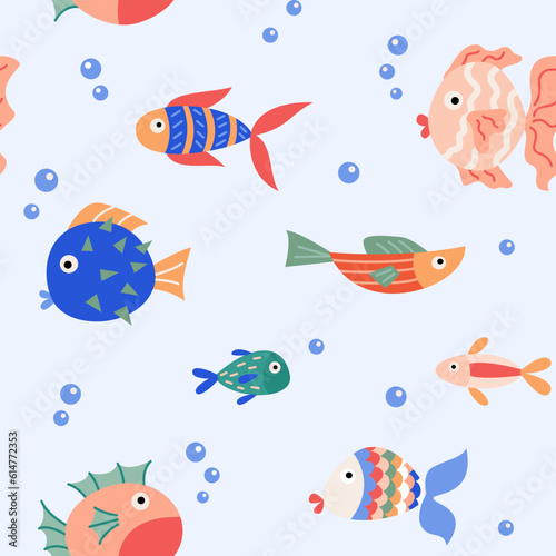 Seamless pattern cartoon colorful cute fish on a blue background in a flat style.