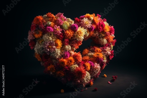 Heart crafted from flowers in 3D. Generative AI