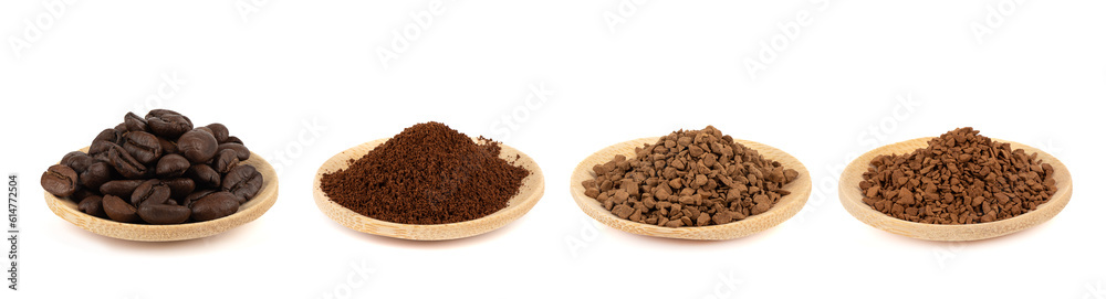 Coffee beans, ground coffee and instant coffee granulated and sublimated on wooden saucers. Coffee beans, ground coffee and instant coffee granulated and sublimated on wooden saucers.