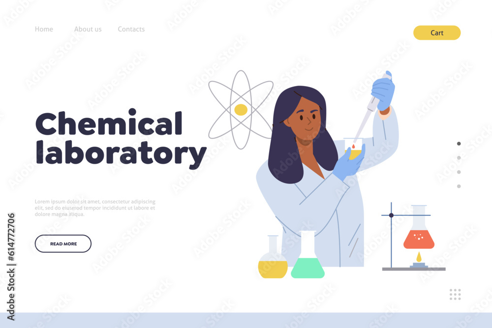 Chemical laboratory landing page design template with female scientist making analysis experiment Chemical laboratory landing page design template with female scientist making analysis experiment