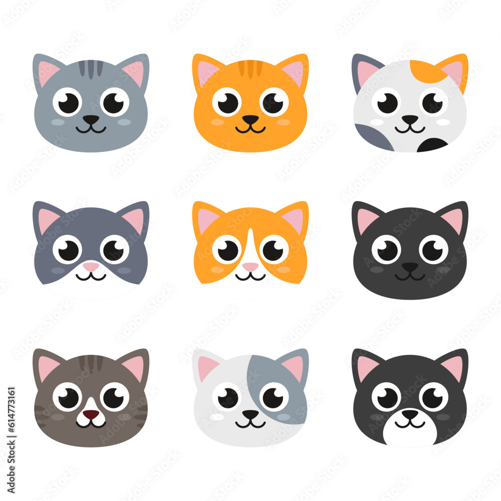 Cats, kittens heads, faces. Set of simple flat style illustrations