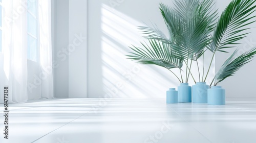 Light blue wall with shade and plant on the floor in a vase