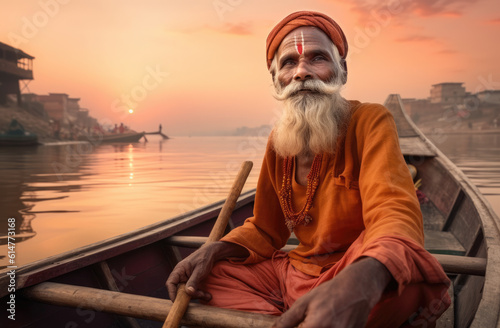 Authentic Indian Culture  Old Man Enjoying a Sunset Boat Ride on the Ganges River - Ai Generative