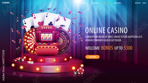 Online casino, welcome bonus, web banner with offer and red cartoon podium with Casino elements and bulbs lights.