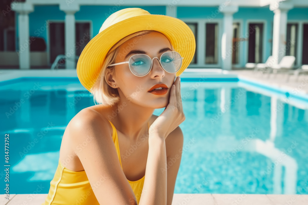 beauty woman in hat and sunglasses enjoying with her summer vacation at swimming pool. generative AI