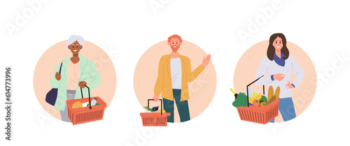 Round composition set with happy shoppers characters carrying groceries food products in basket