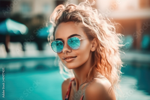 beauty young woman in sunglasses enjoying with her summer vacation at swimming pool. generative AI © zamuruev