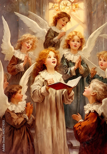 Watercolor Vintage Christmas angels, Ephemera Victorian Christmas Angels, Retro Christmas cards of 19th century photo