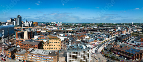 Aerial view of the Birmingham city center. Beautiful English city, with modern skyscrapers and traditional architecture.