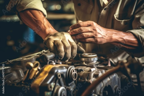 The expertise of an automobile mechanic as they work on repairing a car engine in an automotive workshop. Generative AI