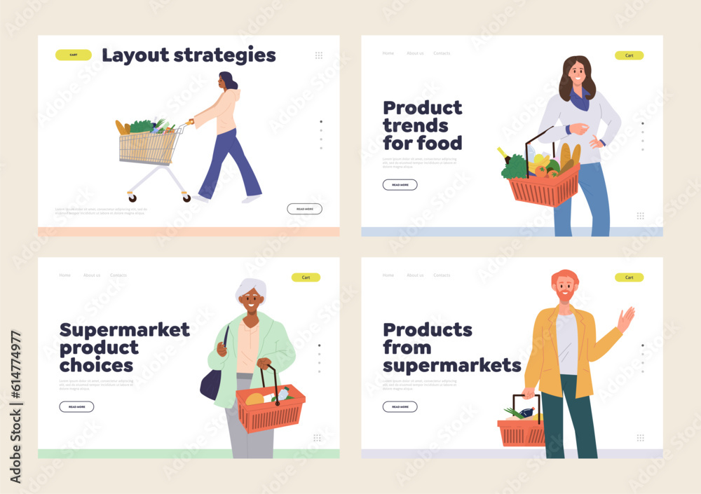 Set of landing page for online grocery shop, product supermarket, local farm food market store Set of landing page for online grocery shop, product supermarket, local farm food market store