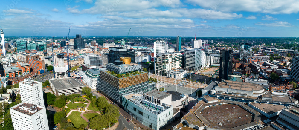 Aerial view of the library of Birmingham, Baskerville House, Centenary Square, Birmingham, West Midlands, England, United Kingdom.