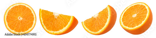 half orange fruit and slice isolated, Orange fruit macro studio photo, transparent png, PNG format, cut out photo