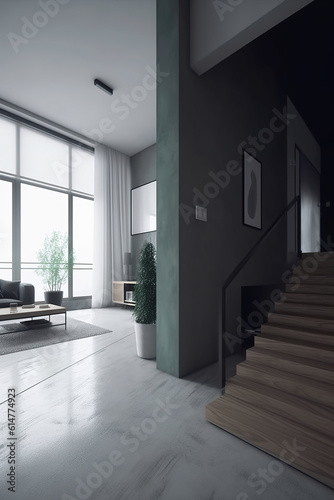 Super simple clean and stylish interior with modern furniture. House interior in minimalism style. Modern living room interior. Realistic 3D illustration. Generative AI