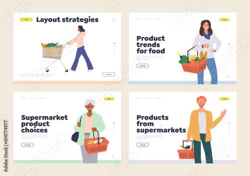 Set of landing page for online grocery shop, product supermarket, local farm food market store