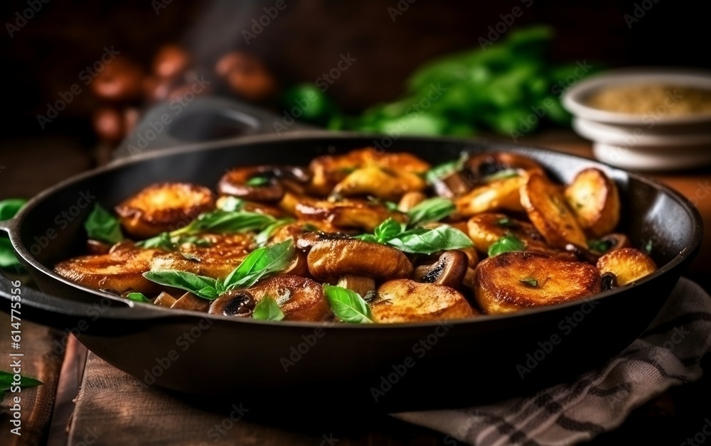 Fried Porcini Mushrooms in Pan with Fresh Herbs Background. Generative AI