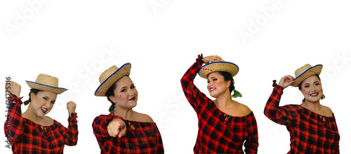 four poses beautiful young brazilian woman with straw hat in red checkered outfit, smiling, typical June festivities png  transparent background	