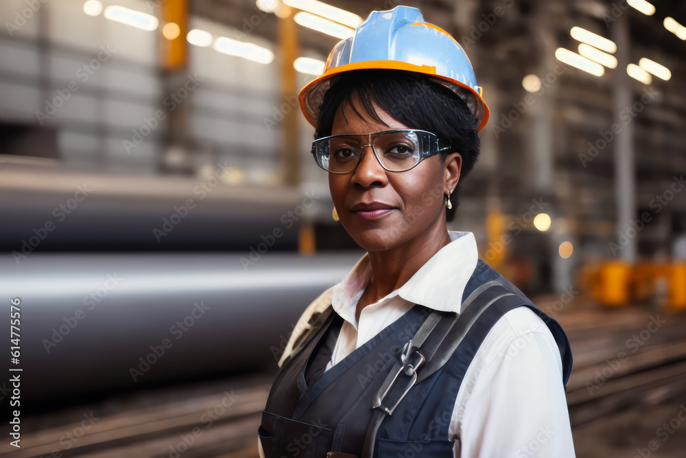 Digital portrait of a professional senior confident female Heavy industry engineer standing in a Steel Factory. Concept of active age. Generative AI Digital portrait of a professional senior confident female Heavy industry engineer standing in a Steel Factory. Concept of active age. Generative AI