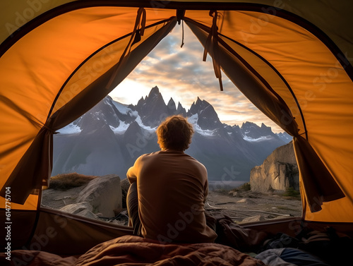 Young Man in Camper Enjoys Breathtaking Mountain Scenery Generative AI