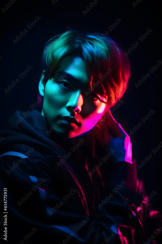Portrait of beautiful Asian man in a fashionable cloth around colourful bright neon uv lights. Generative AI.