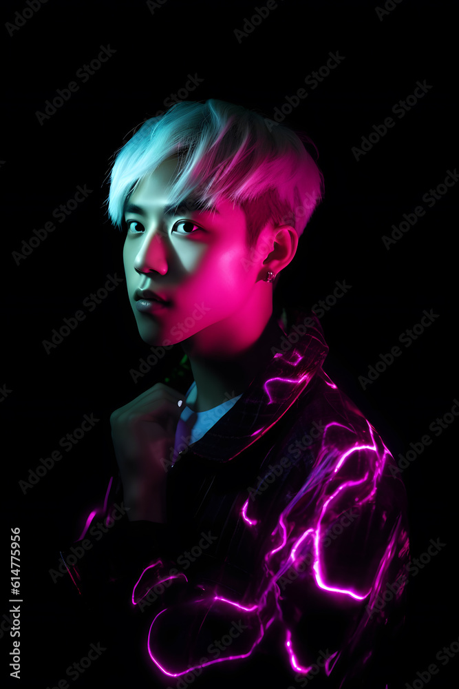 Portrait of beautiful Asian man in a fashionable cloth around colourful bright neon uv lights. Generative AI. Portrait of beautiful Asian man in a fashionable cloth around colourful bright neon uv lights. Generative AI.