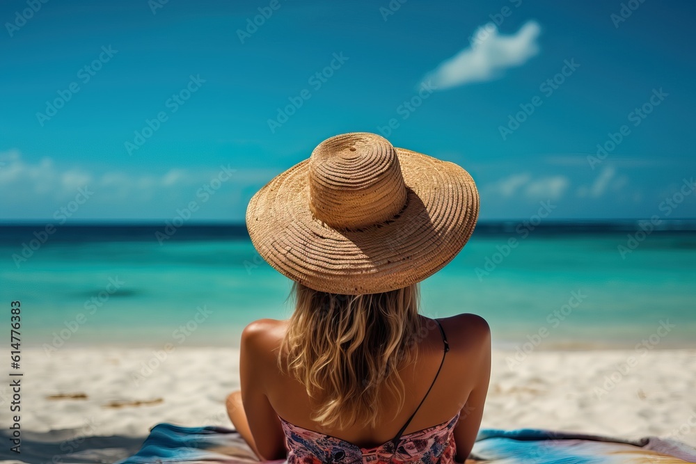 Girl dressed in bikini relaxing at a tropical beach from behind, vibrant colors