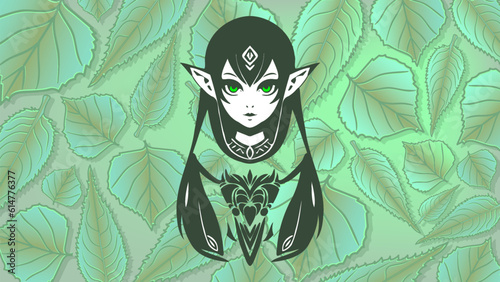 Vector beautiful tender cute elf girl with patterns on the background of leaves.