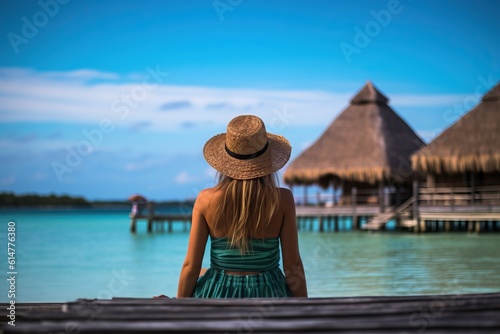 Girl dressed in bikini relaxing at a tropical beach from behind, vibrant colors © YamunaART