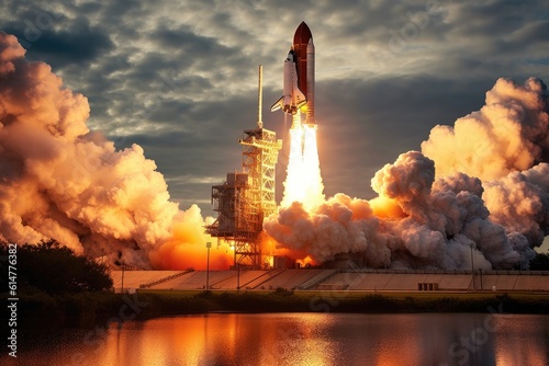 The excitement and wonder of a new space rocket lift - off with a close - up view. Generative AI