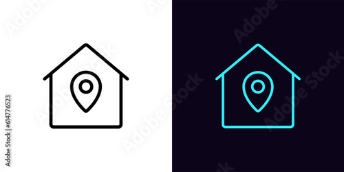 Outline home marker icon, with editable stroke. House with map pin sign, booking apartment service. Home location pointer, real estate and apartment rent, house address position