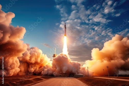 The excitement and wonder of a new space rocket lift - off with a close - up view. Generative AI