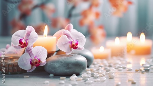 Candles and flowers in a calm relaxing and soothing SPA environment Generative AI Illustration