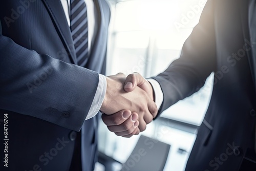 Close-up of a handshake of two businessmen in a bright office.