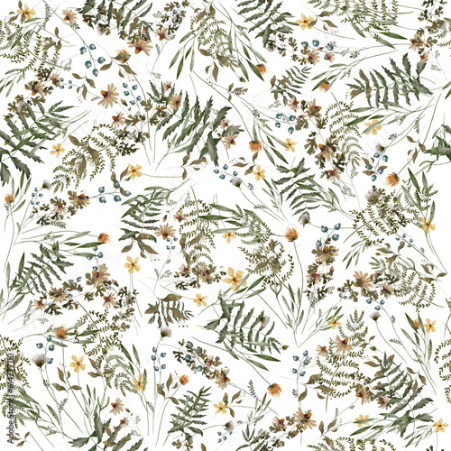 Fototapeta Naklejka Na Ścianę i Meble -  Seamless pattern with watercolor flowers. Wildflowers, boho pattern, delicate herbs, leaves and branches.