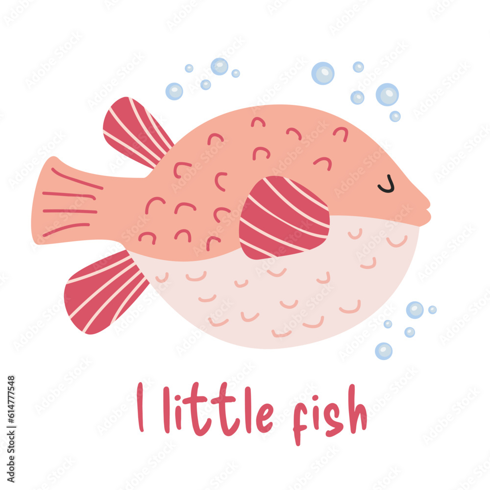 Pufferfish. Vector fish fugu. Underwater life. Holiday greeting card. Cute pink fish. Nautical poster, print, greeting card, children's clothing decor, sticker. White isolated background. Pufferfish. Vector fish fugu. Underwater life. Holiday greeting card. Cute pink fish. Nautical poster, print, greeting card, children's clothing decor, sticker. White isolated background.