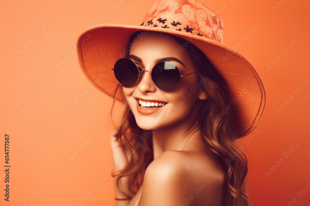 Attractive lovely young woman in sunglasses and hat standing over orange backgound. Generative AI Attractive lovely young woman in sunglasses and hat standing over orange backgound. Generative AI