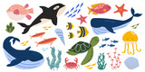 Large vector set of sea animals, fish, turtles, whales, jellyfish, algae, shells. Ocean animals, underwater world. Marine life. Vector collection of ocean inhabitants in flat style. 