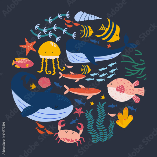 Marine animals and fish. Marine banner stylized in a circle. Underwater world, sea life. Vector illustration in cartoon style. Concept card with underwater inhabitants. Vector illustration.