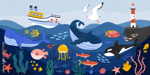 Large vector set of underwater world. Horizontal banner with ship, sea lighthouse, seagulls, sea and ocean animals. Fish, whales, algae. Marine life. Ocean floor. Flat style collection of ocean animal