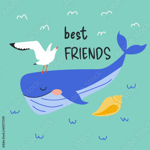 Cute whale and gull. Underwater and above-water life. Holiday greeting card. Seagull sitting on a whale. Postcard for best friends. Nautical poster, print, card, children's clothing decor, sticker. 