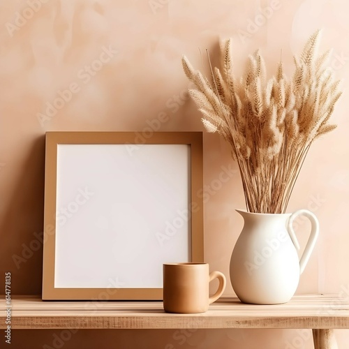 Empty wooden picture frame mockup hanging on beige wall background dry flowers on table. Cup of coffee, old books. Working space, home office. Art, poster display. Modern interior.