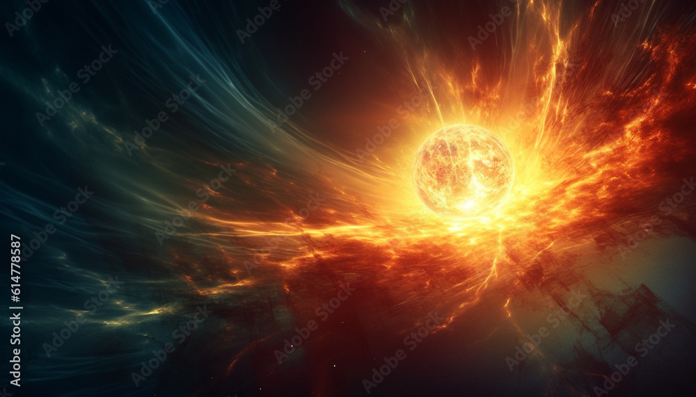 Obraz premium Glowing star explodes in abstract galaxy, illuminating dark night sky generated by AI